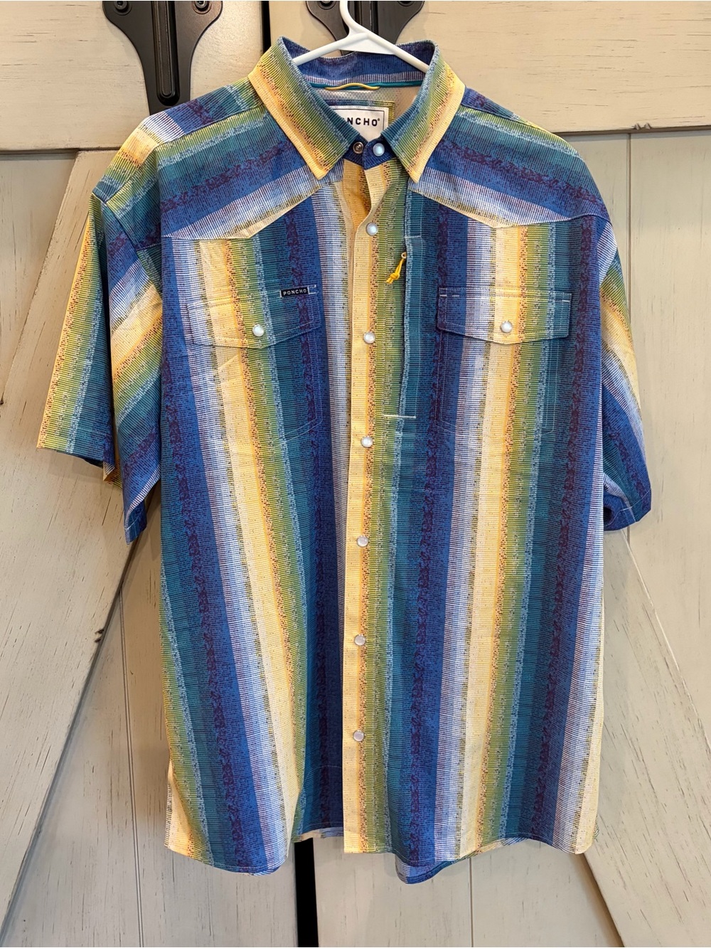 Poncho Striped Pearl Snap Western Shirt  Size Large Regular Fit Blue/Yellow
